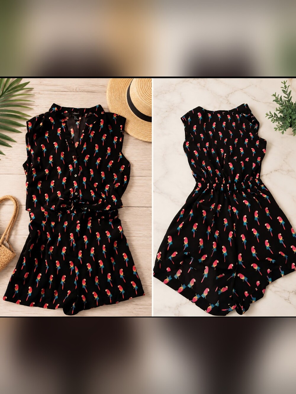Forever 21~ Parrot Print Tropical Tie-Front Romper w/ Zip Pocket~Medium